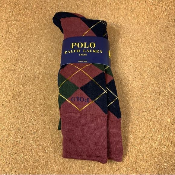 Polo Ralph Lauren Socks 3 Pairs Crew Cotton Argyle Stripe Solid Burgundy Navy - Picture 1 of 4